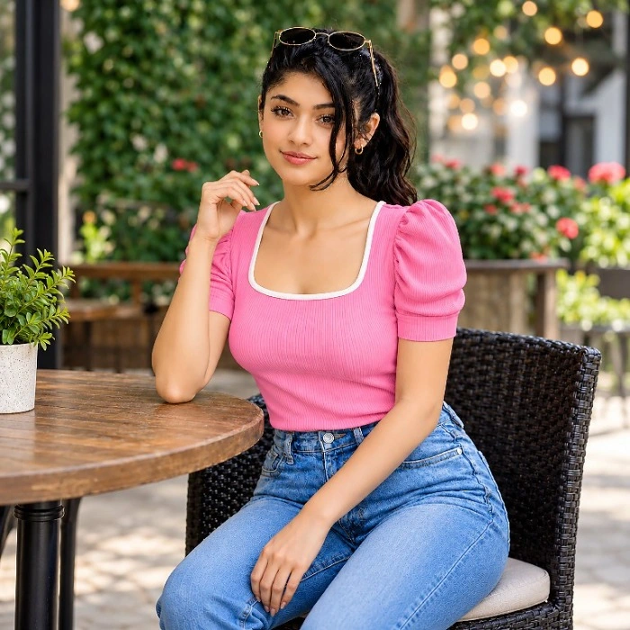 Ss Puffed Contrast Neck Deep Neck Top